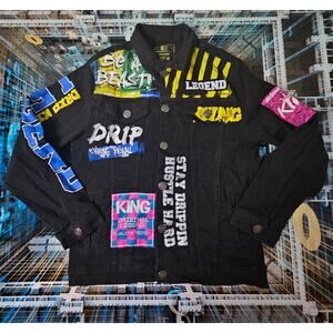 Men's Sacred Crown Black Denim Grafitti Paint Jacket Size Medium